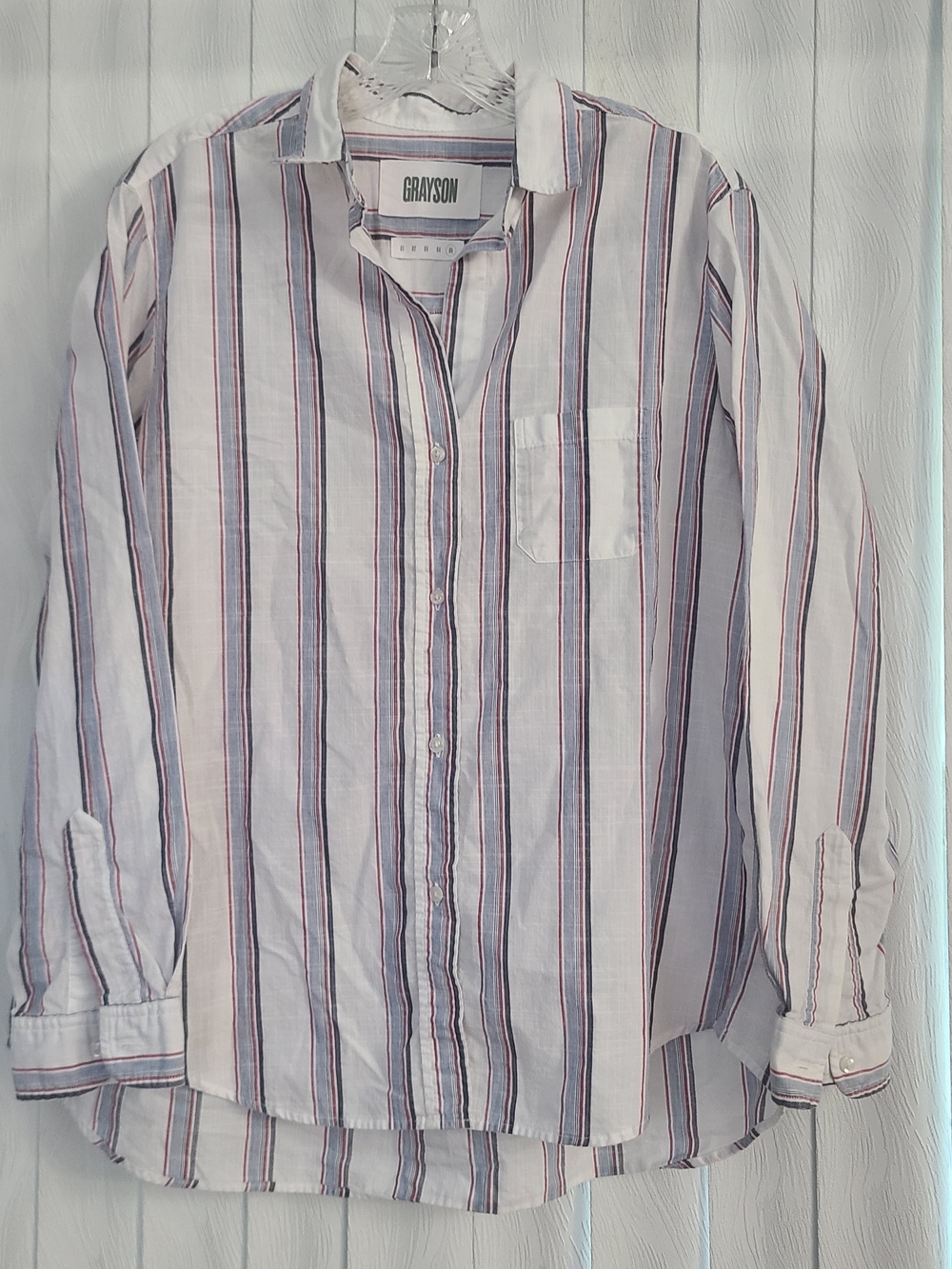 Grayson Sz 5 XL White Blue Red Stripe The Hero Cotton Work Office Button Top